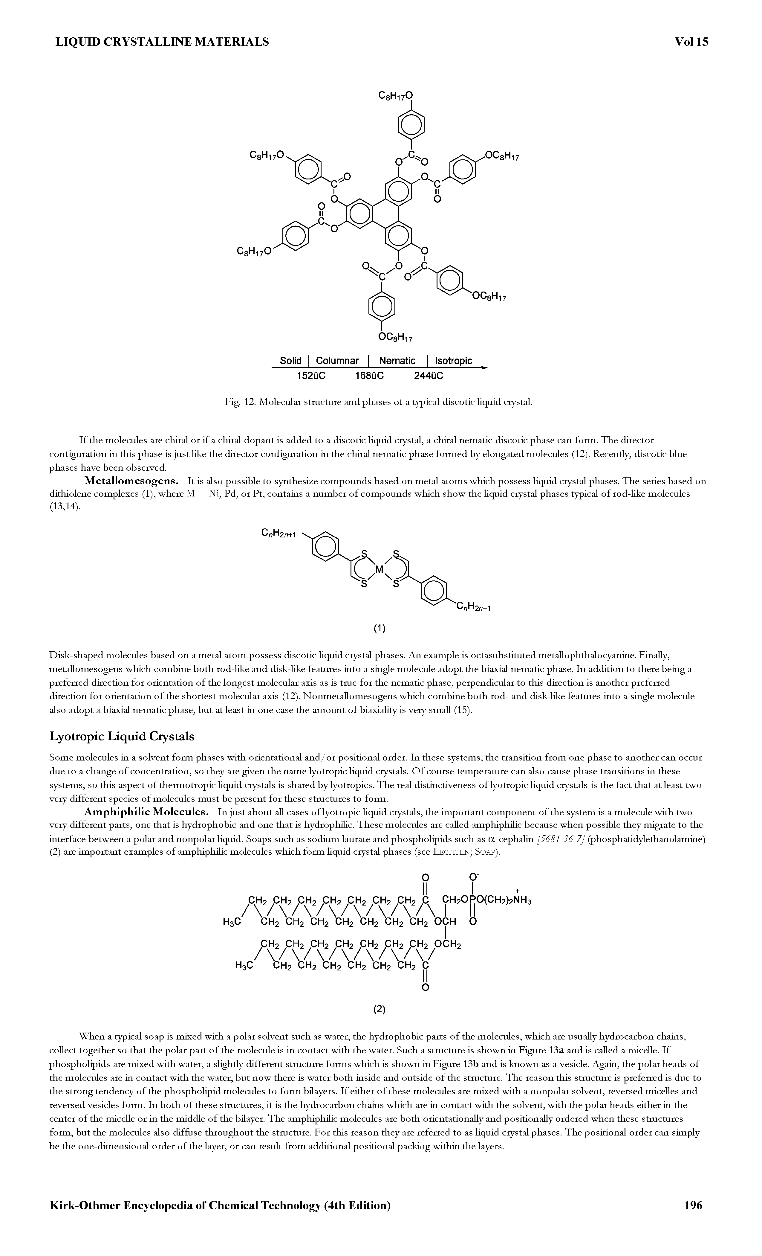 Fig. 12. Molecular structure and phases of a typical discotic liquid crystal.