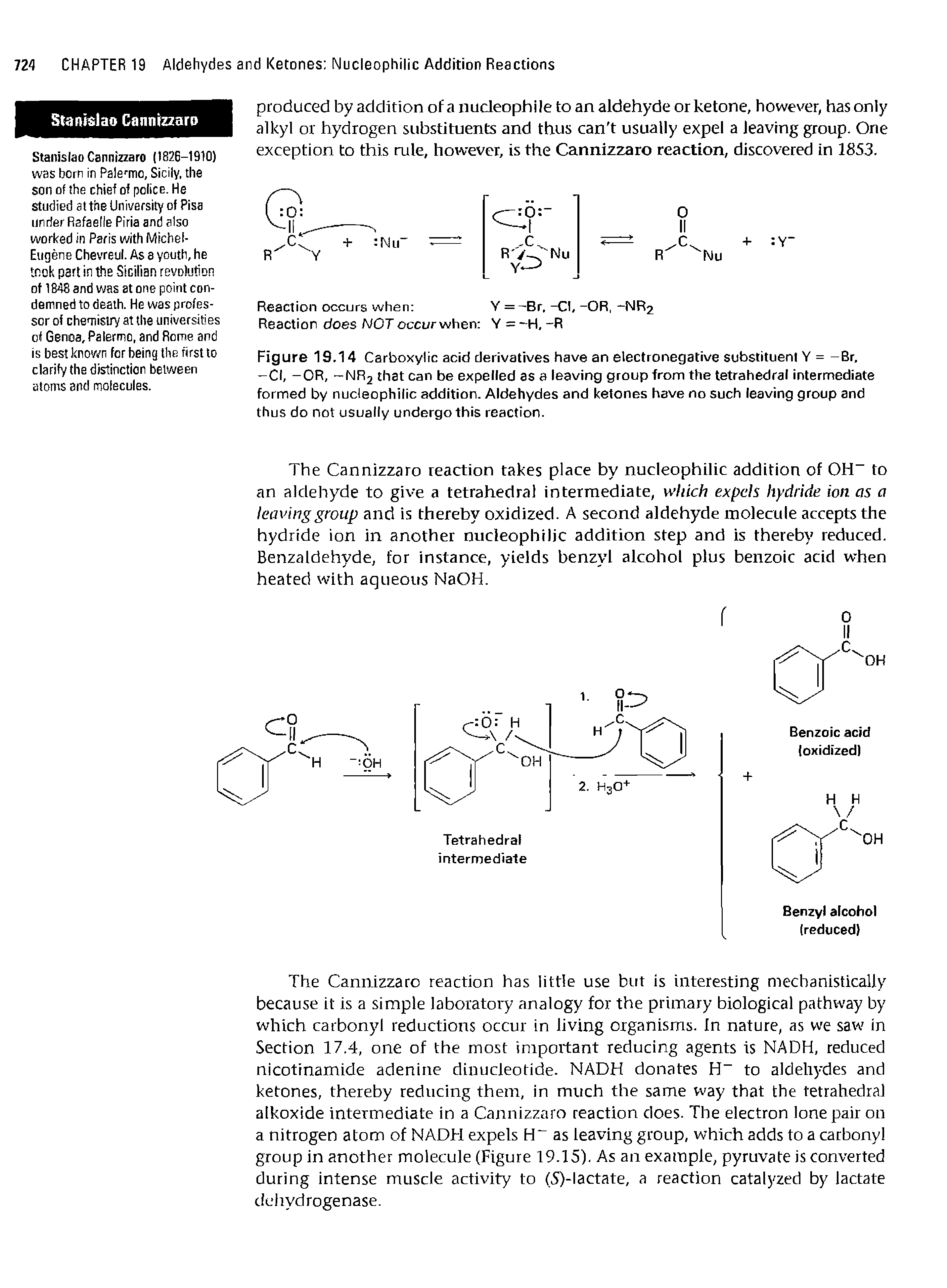 Figure 19.14 Carboxylic acid derivatives have an electronegative substituent Y = -Br, —Cl, -OR, -NR2 that can be expelled as a leaving group from the tetrahedral intermediate formed by nucleophilic addition. Aldehydes and ketones have no such leaving group and thus do not usually undergo this reaction.