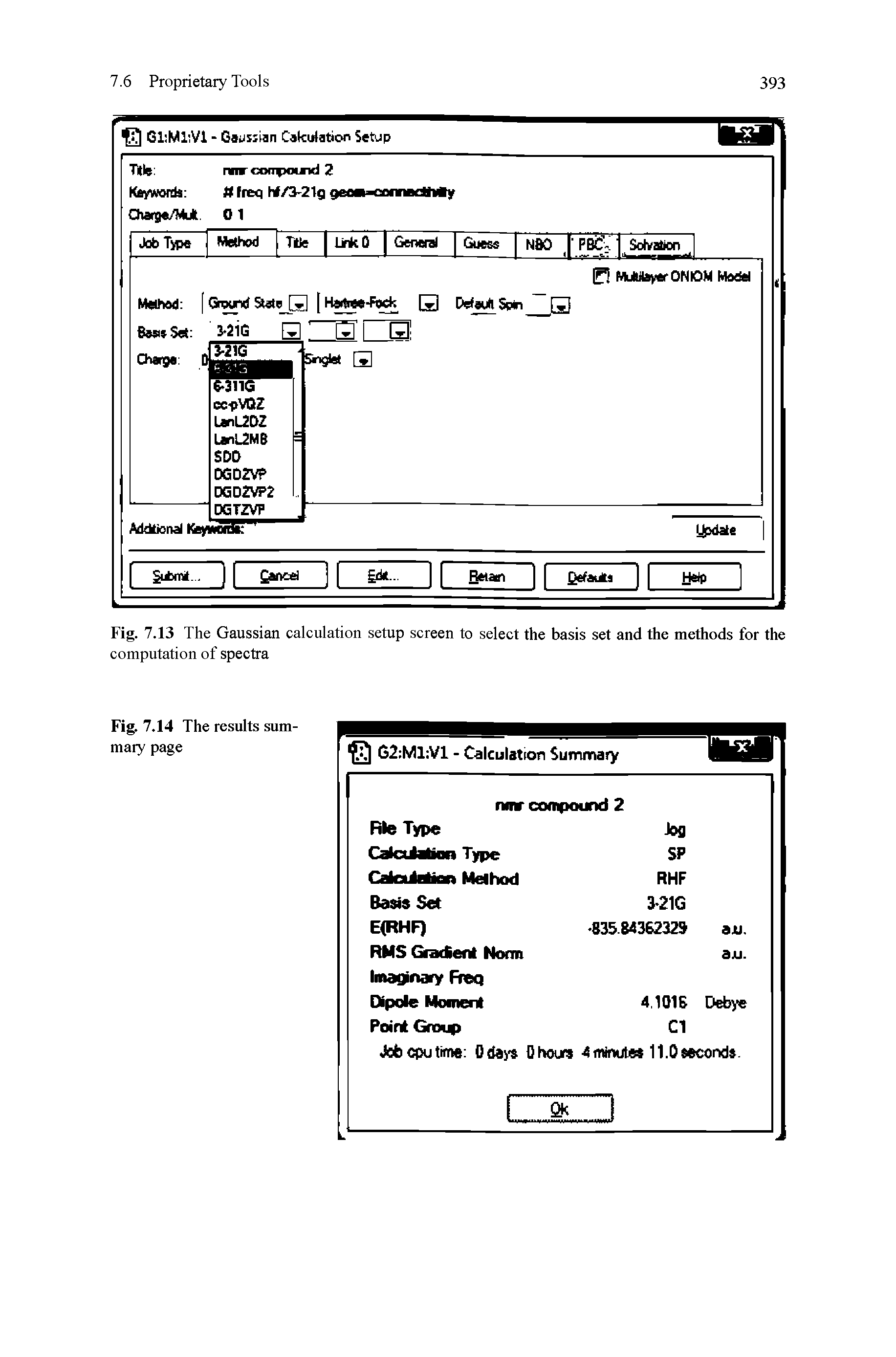 Fig. 7.13 The Gaussian calculation setup screen to select the basis set and the methods for the computation of spectra...