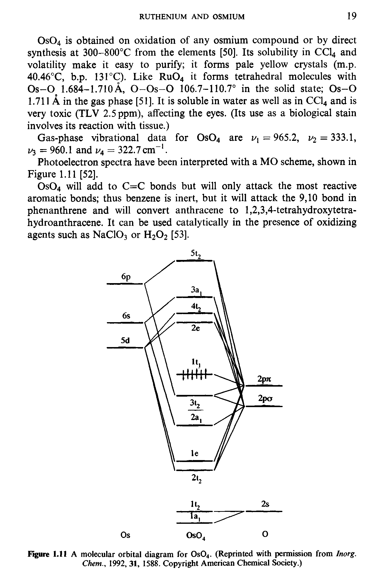 Figure 1.11 A molecular orbital diagram for OSO4. (Reprinted with permission from Inorg. Chem., 1992, 31, 1588. Copyright American Chemical Society.)...