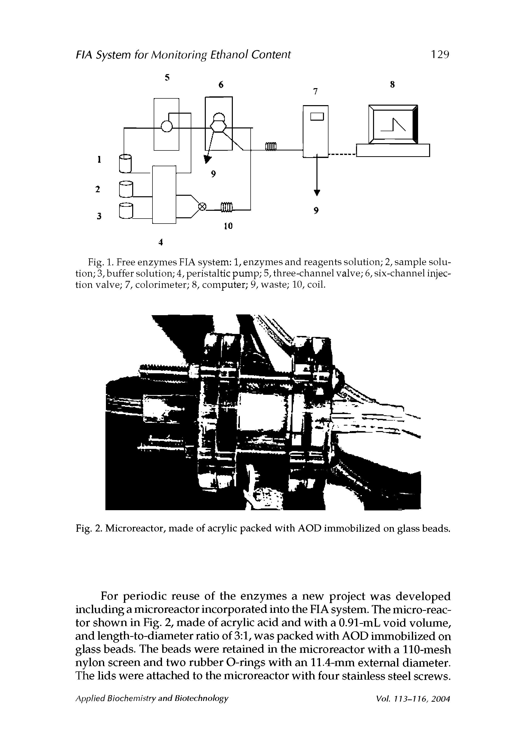 Fig. 1. Free enzymes FIA system 1, enzymes and reagents solution 2, sample solution 3, buffer solution 4, peristaltic pump 5, three-channel valve 6, six-channel injection valve 7, colorimeter 8, computer 9, waste 10, coil.