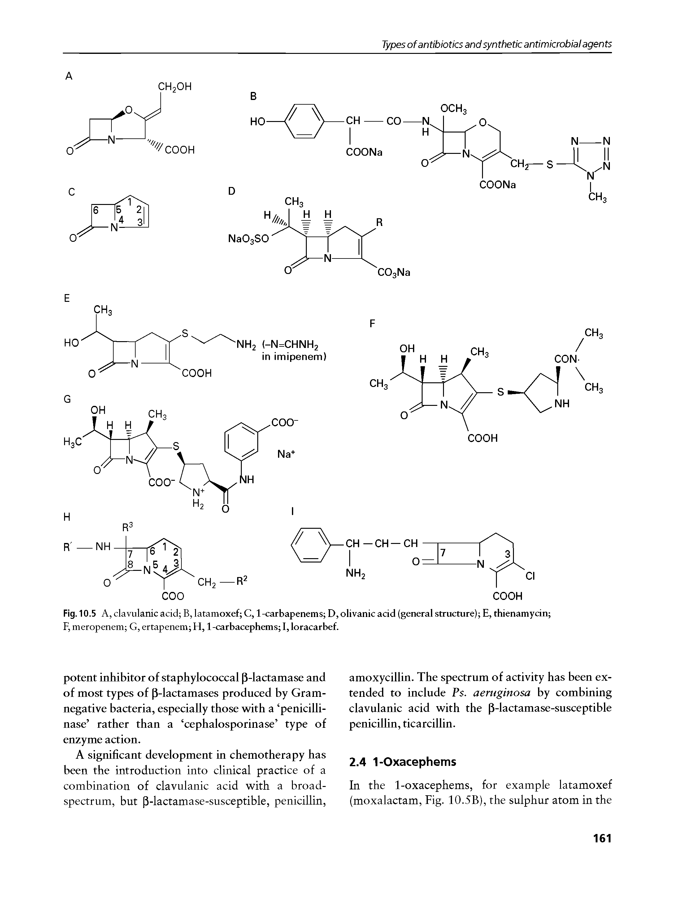 Fig. 10.5 A, clavulanic acid B, latamoxef C, 1-carbapenems D,olivanicacid (general structure) E, thienamycin F, meropenem G, ertapenem H, 1-carbacephems I, loracarbef.