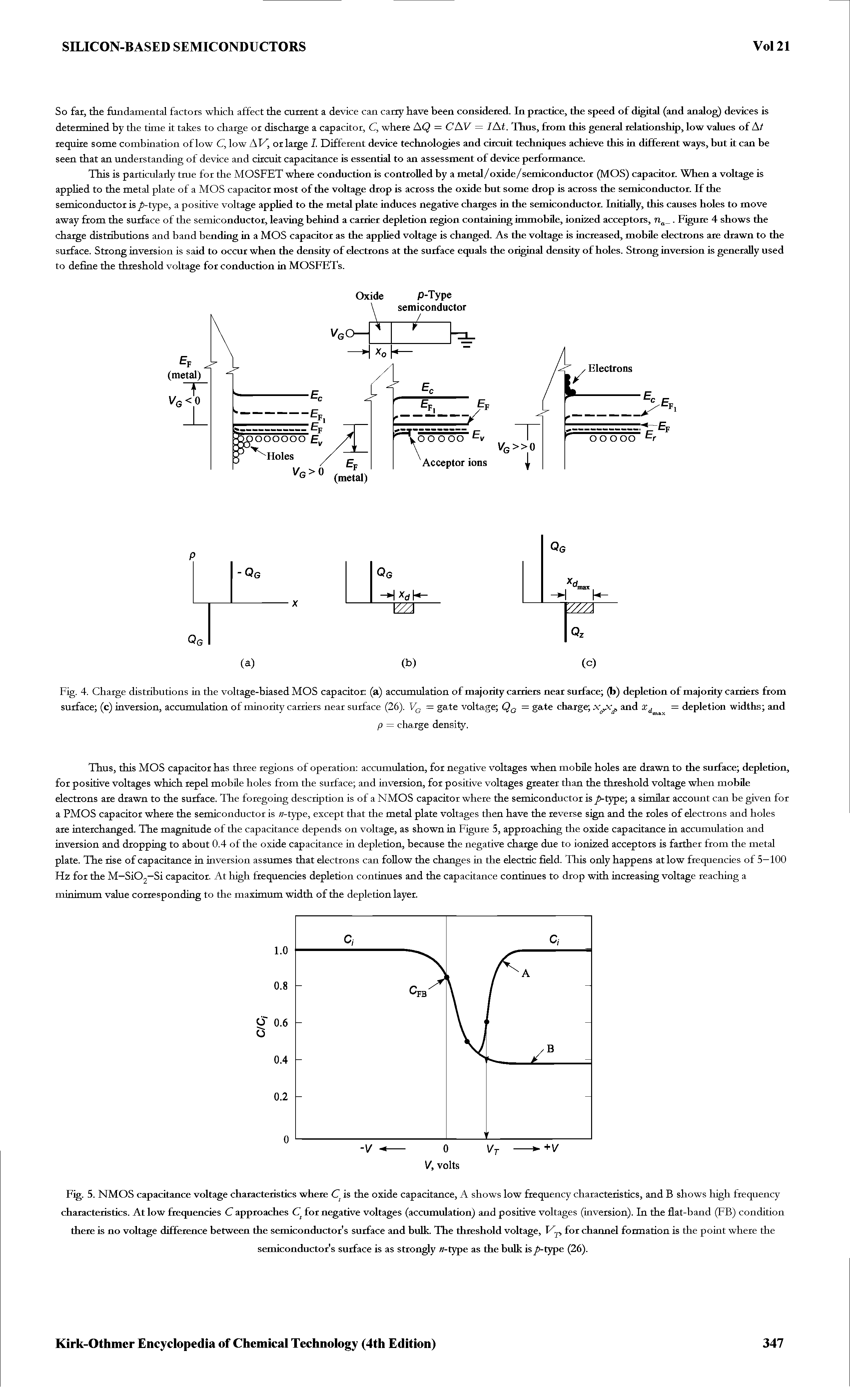 Fig. 4. Charge distributions in the voltage-biased MOS capacitor (a) accumulation of majority carriers near surface (b) depletion of majority carriers from surface (c) inversion, accumulation of minority carriers near surface (26). VG = gate voltage Qq = gate charge xand xd = depletion widths and...