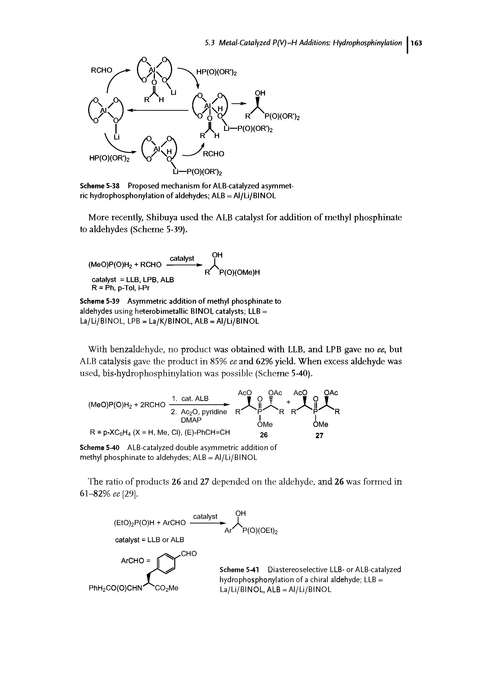 Scheme 5-39 Asymmetric addition of methyl phosphinate to aldehydes using heterobimetallic BINOLcatalysts LLB = La/Li/BINOL, LPB = La/K/BINOL, ALB = AI/Li/BINOL...