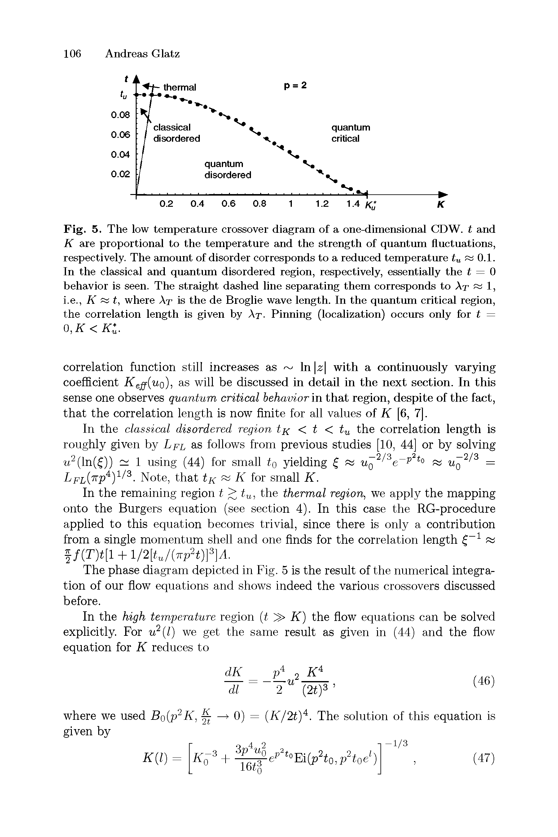 Fig. 5. The low temperature crossover diagram of a one-dimensional CDW. t and K are proportional to the temperature and the strength of quantum fluctuations, respectively. The amount of disorder corresponds to a reduced temperature tu 0.1. In the classical and quantum disordered region, respectively, essentially the t = 0 behavior is seen. The straight dashed line separating them corresponds to At 1, i.e., K 1, where At is the de Broglie wave length. In the quantum critical region, the correlation length is given by At- Pinning (localization) occurs only for t = 0, K<K. ...