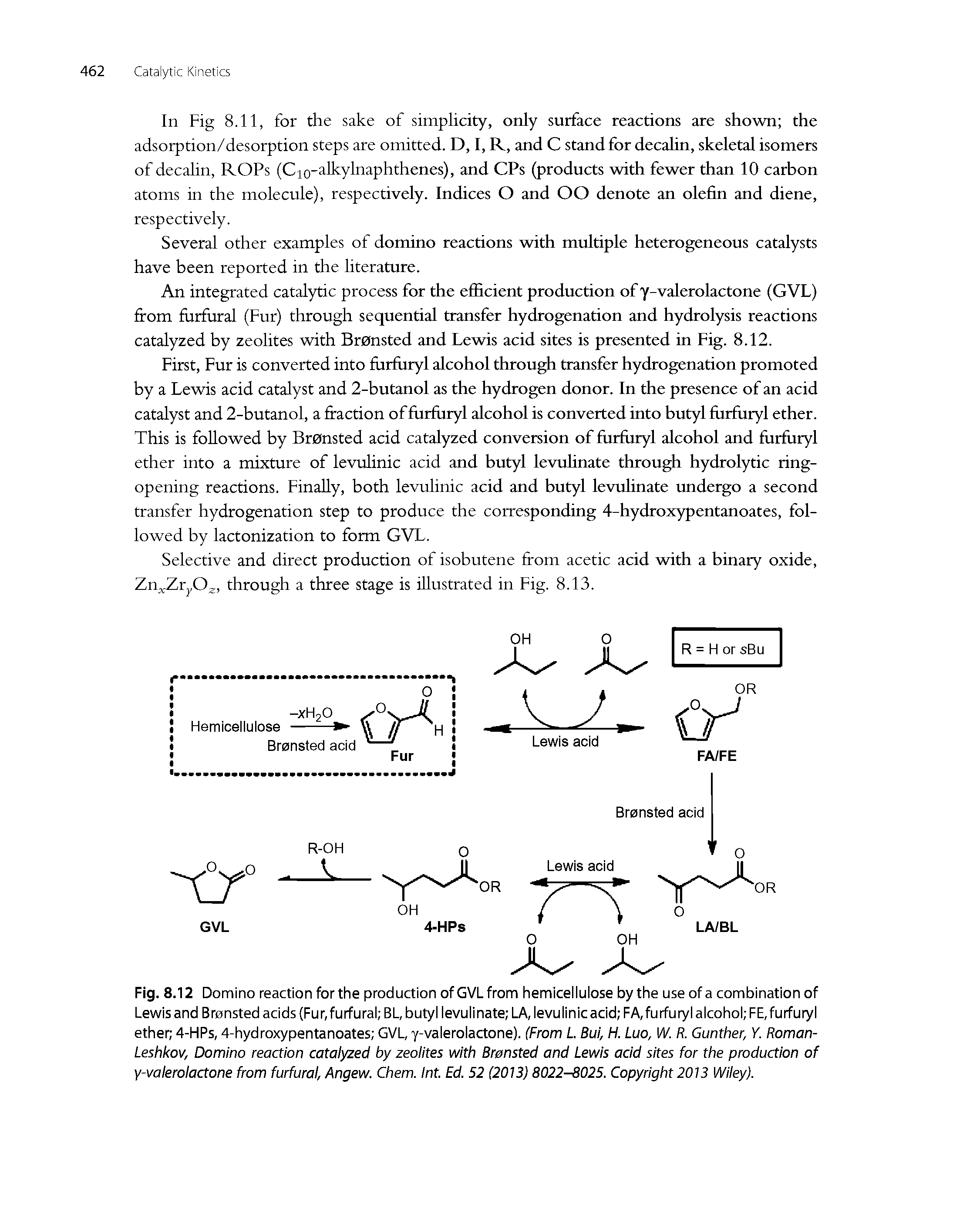 Fig. 8.12 Domino reaction for the production of GVL from hemicellulose by the use of a combination of Lewis and Bronsted acids (Fur, furfural BL, butyl levulinate LA, levulinic acid FA, furfuryl alcohol FE, furfuryl ether 4-HPs, 4-hydroxypentanoates GVL, y-valerolactone). (From L. Bui, H. Luo, N. R. Gunther, Y. Roman-Leshkov, Domino reaction cataiyzed by zeoiites with Bransted and Lewis acid sites for the production of y-vaierolactone from furfurai, Angew. Chem. int. Ed. 52 (2013) 8022-8025. Copyright 2013 Wiley).