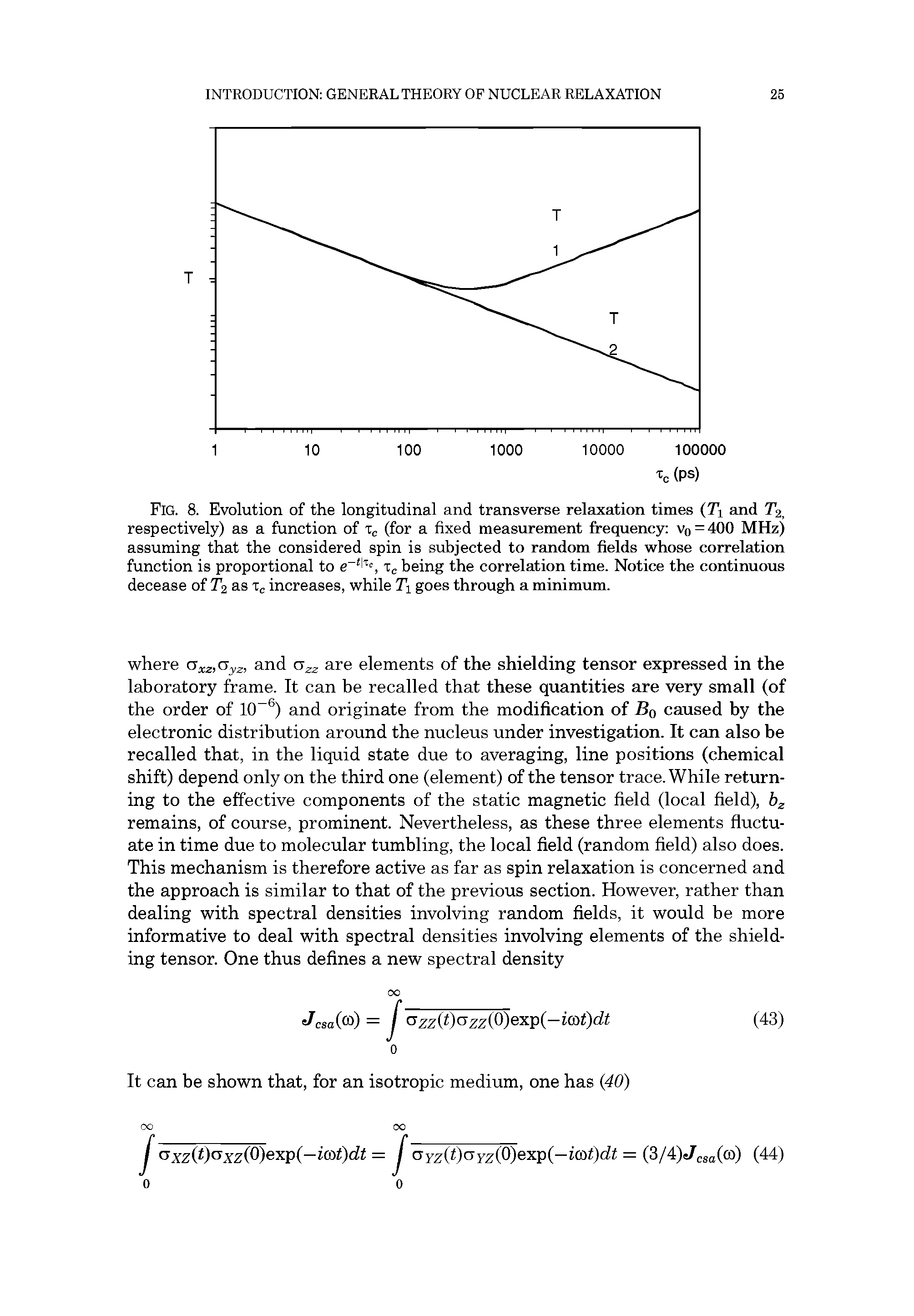 Fig. 8. Evolution of the longitudinal and transverse relaxation times (Ti and T2, respectively) as a function of (for a fixed measurement frequency Vo = 400 MHz) assuming that the considered spin is subjected to random fields whose correlation function is proportional to being the correlation time. Notice the continuous...