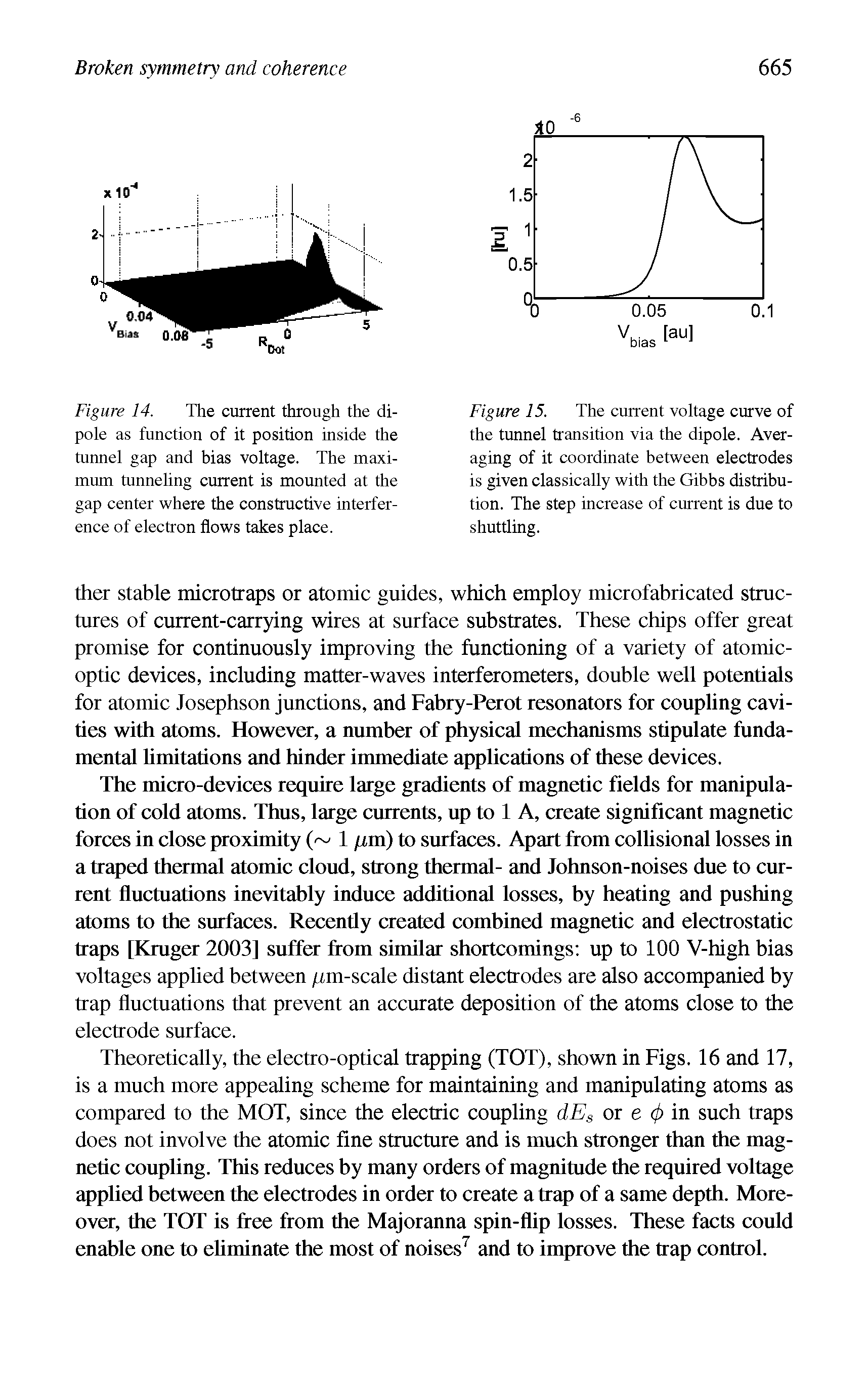 Figure 15. The current voltage curve of the tunnel transition via the dipole. Averaging of it coordinate between electrodes is given classically with the Gibbs distribution. The step increase of current is due to shuttling.