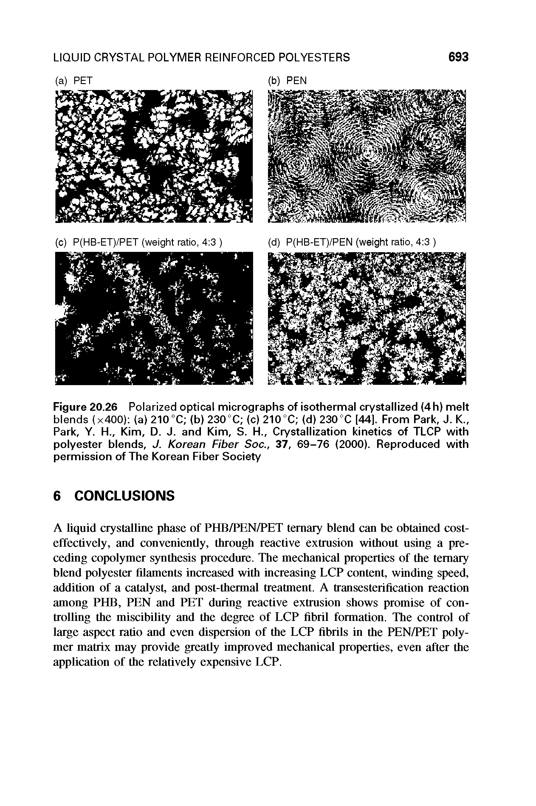 Figure 20.26 Polarized optical micrographs of isothermal crystallized (4h) melt blends (x400) (a) 210°C (b) 230°C (c) 210°C (d) 230°C [44], From Park, J. K Park, Y. H., Kim, D. J. and Kim, S. H., Crystallization kinetics of TLCP with polyester blends, J. Korean Fiber Soc., 37, 69-76 (2000). Reproduced with permission of The Korean Fiber Society...