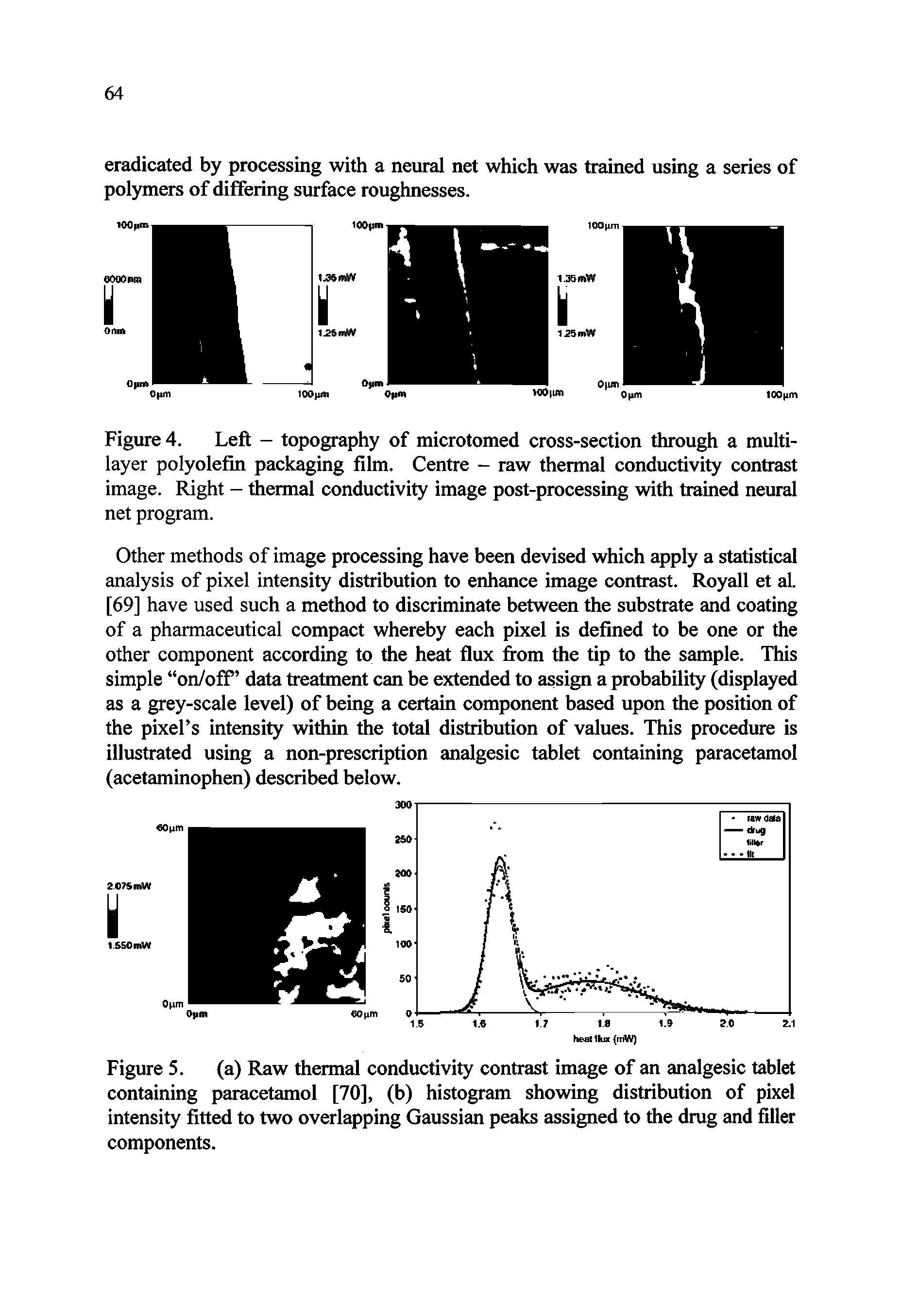 Figure 4. Left - topography of microtomed cross-section through a multilayer polyolefin packaging film. Centre - raw thermal conductivity contrast image. Right - thermal conductivity image postprocessing with trained neural net program.