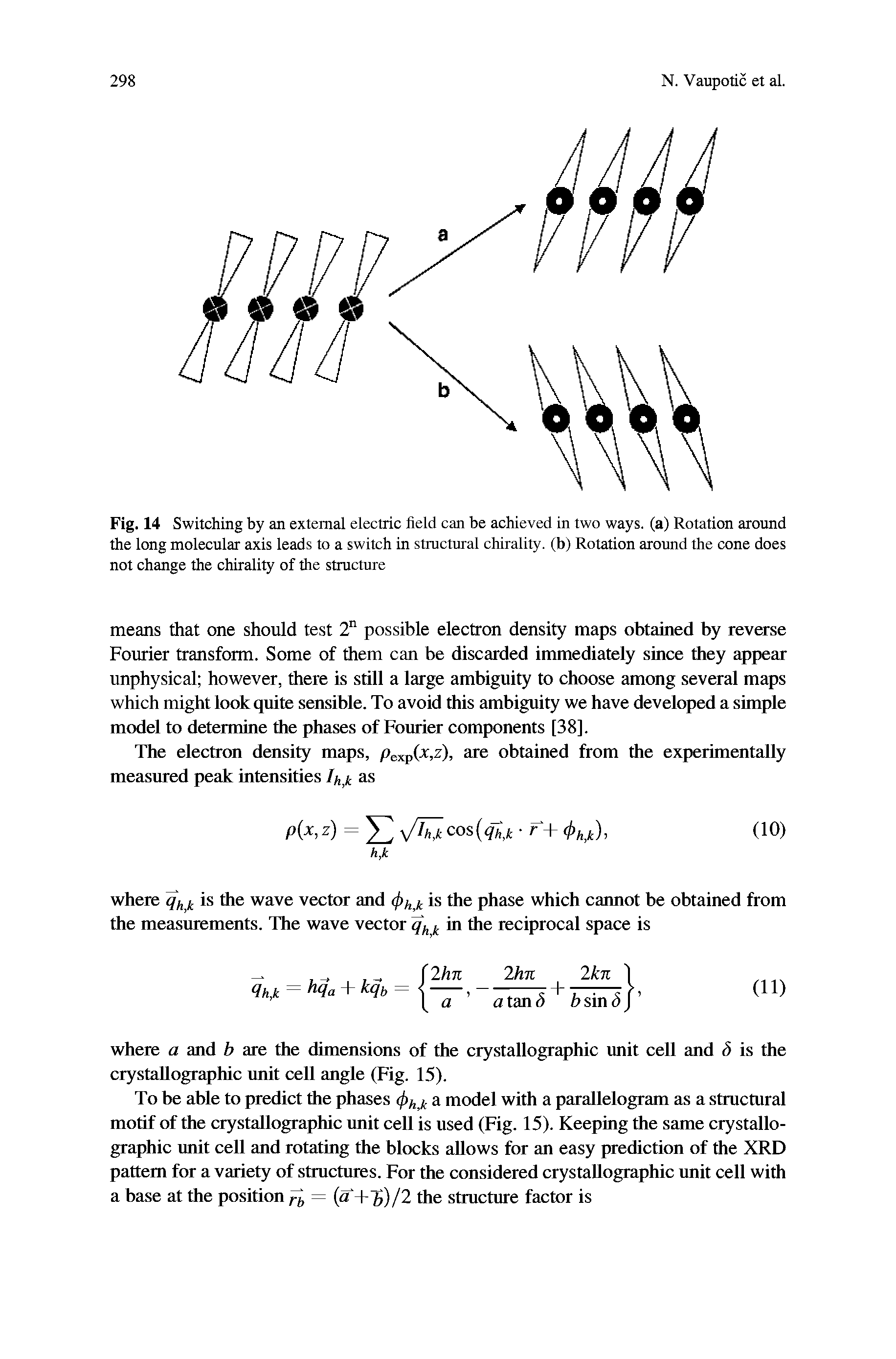 Fig. 14 Switching by an external electric field can be achieved in two ways, (a) Rotation around the long molecular axis leads to a switch in structural chirality, (b) Rotation around the cone does not change the chirality of the structure...